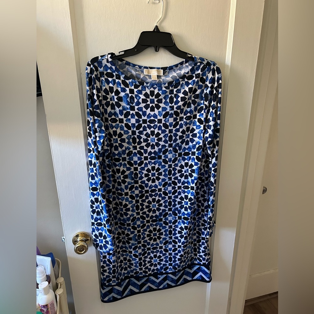 Michael by Michael Kors Blue Patterned Long Sleeve Shift Dress